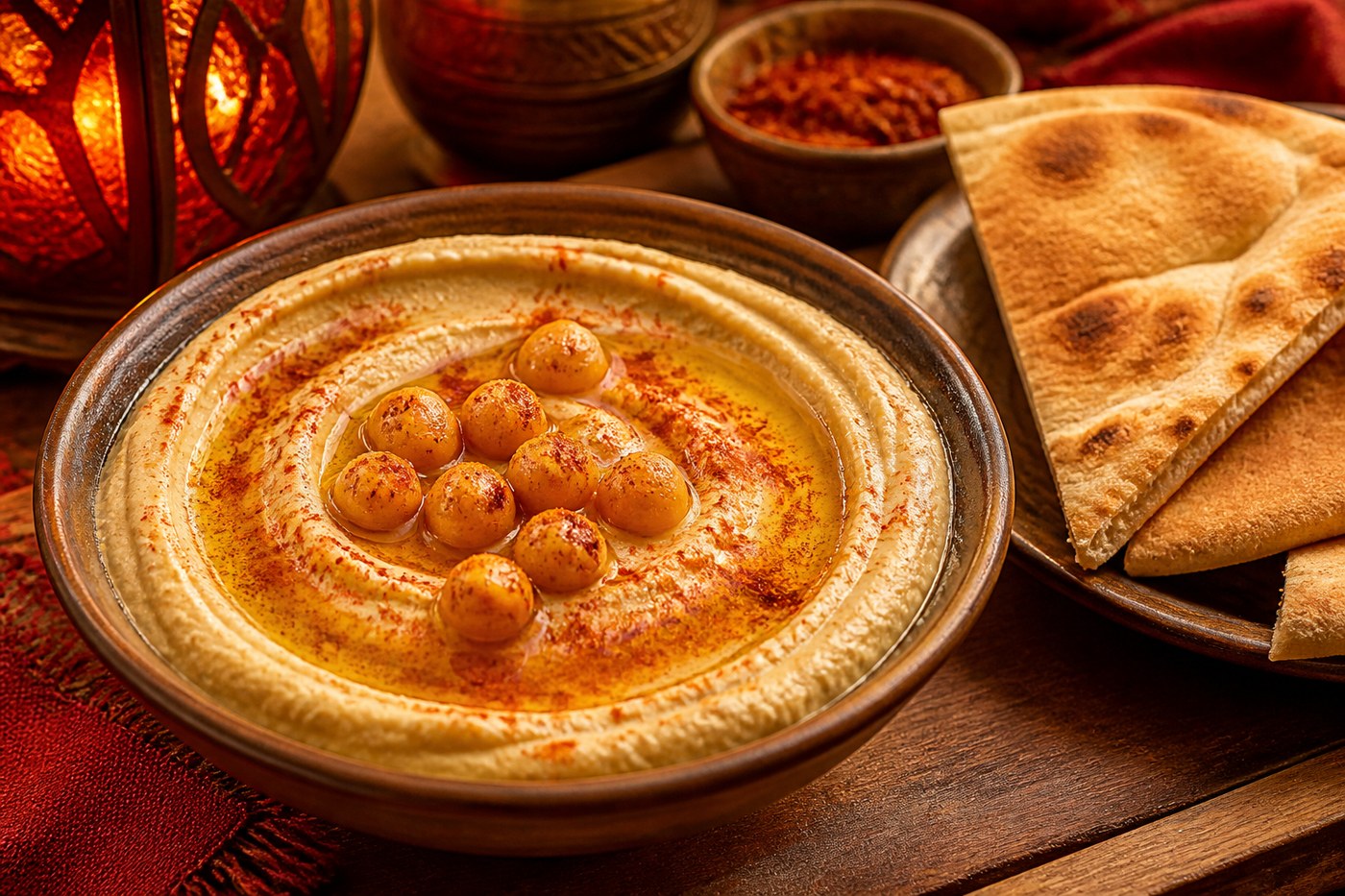 Creamy hummus bowl with pita