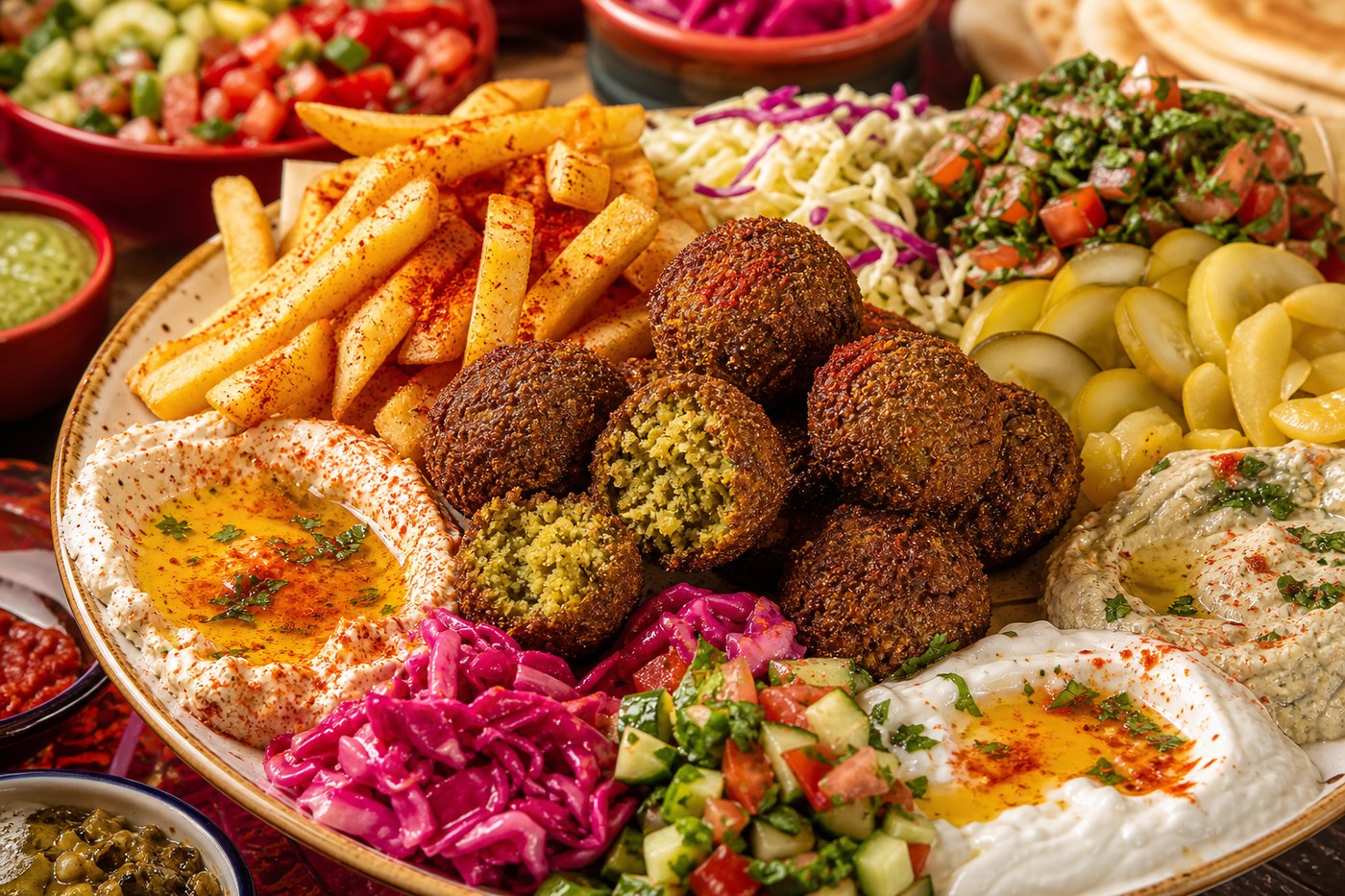 Loaded falafel plate with sides