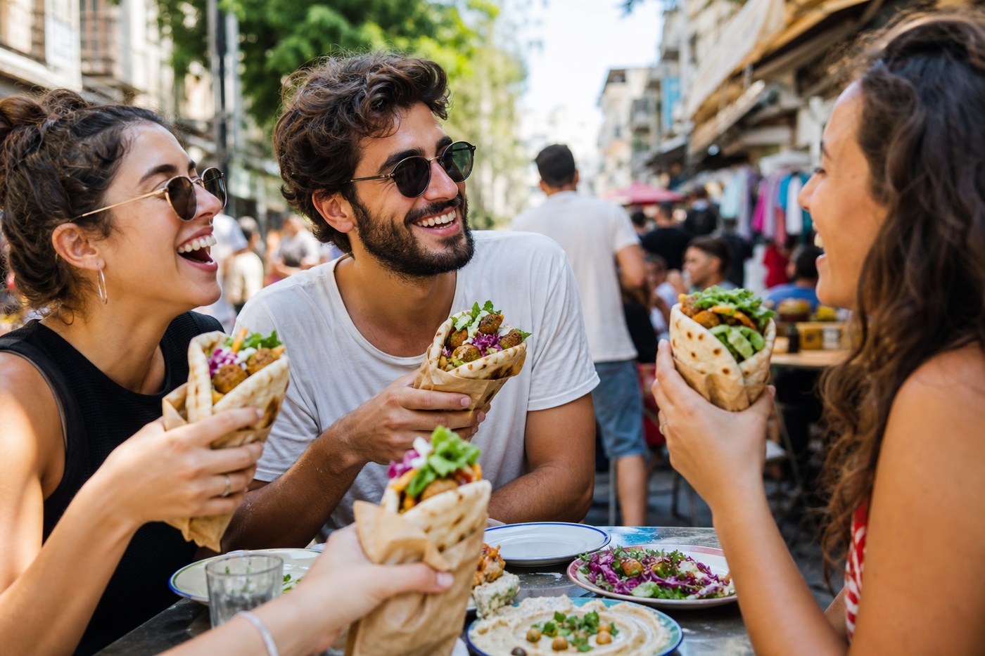 Customers enjoying falafel wraps outdoors in Tel Aviv