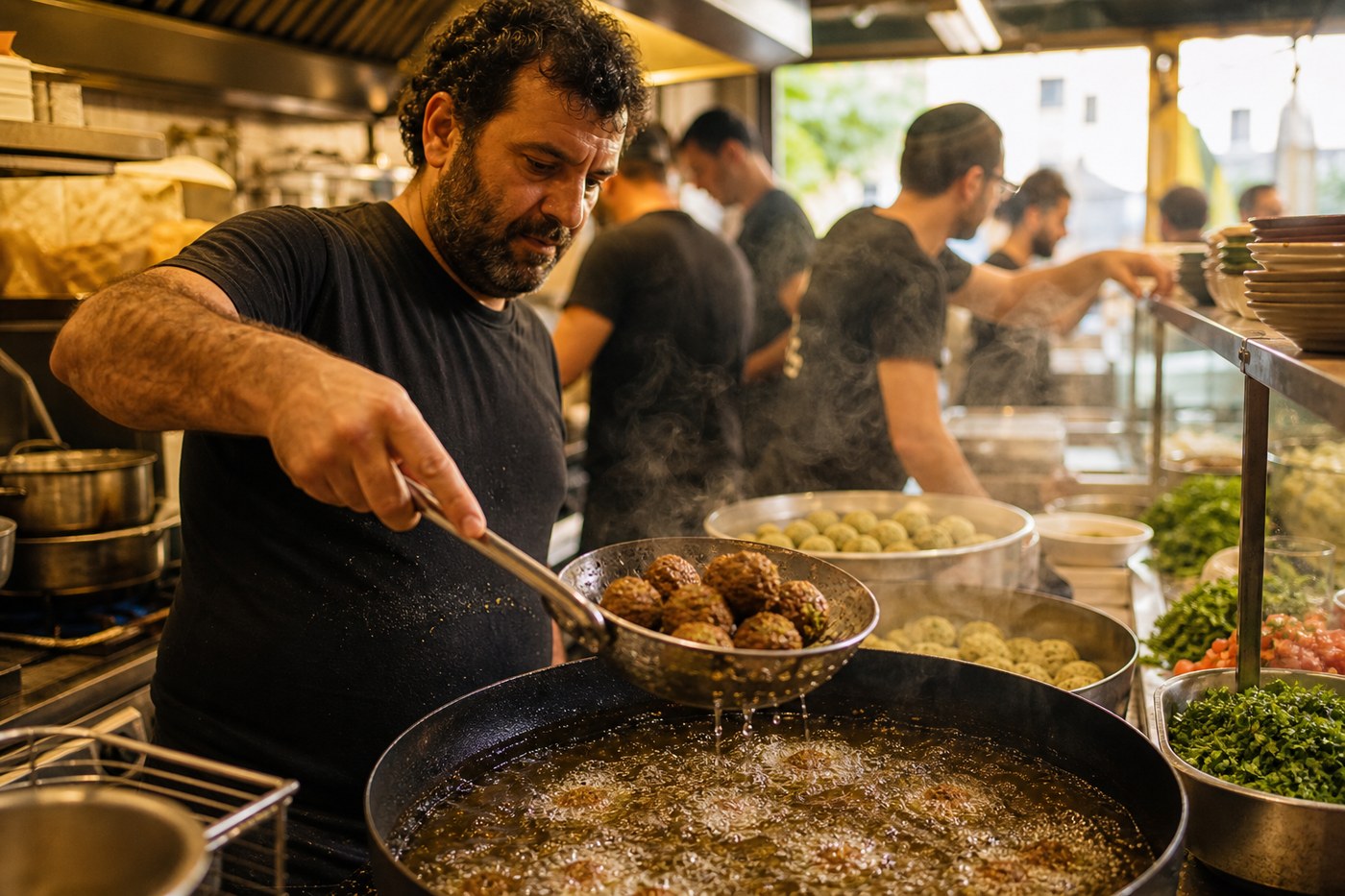 Falafel frying in hot oil at the kitchen station